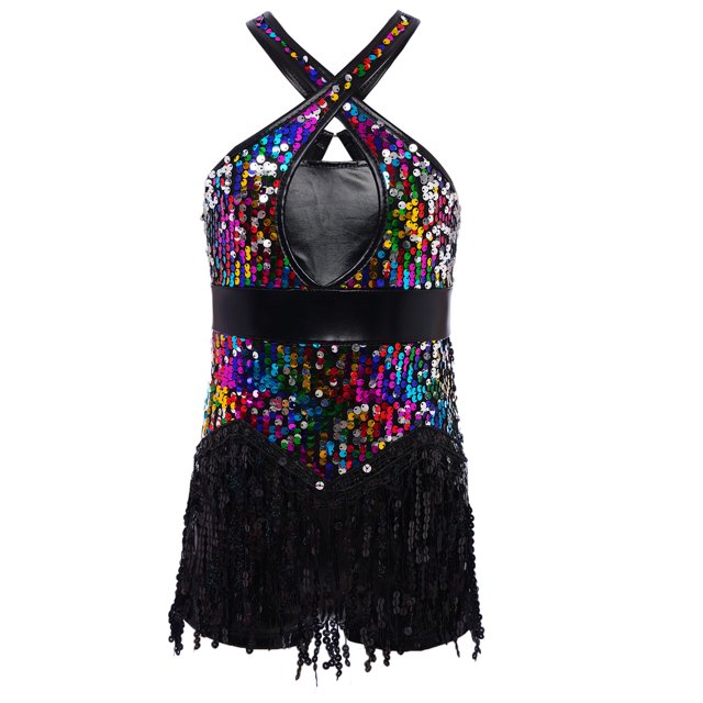 Raenseen Costume de Danse Jazz Rumba Samba pour Filles Enfants Robe de Danse Latine à Paillettes Ourlet à Franges Ballet Coloré 6