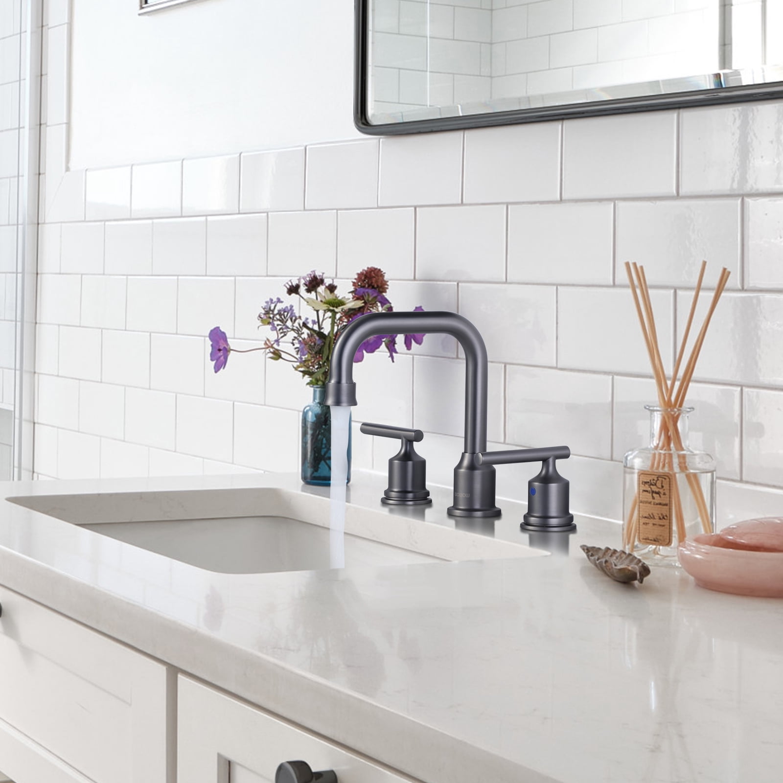 WOWOW  Widespread Bathroom Faucet Brass 3 HoleBrushed Grey Basin Faucet