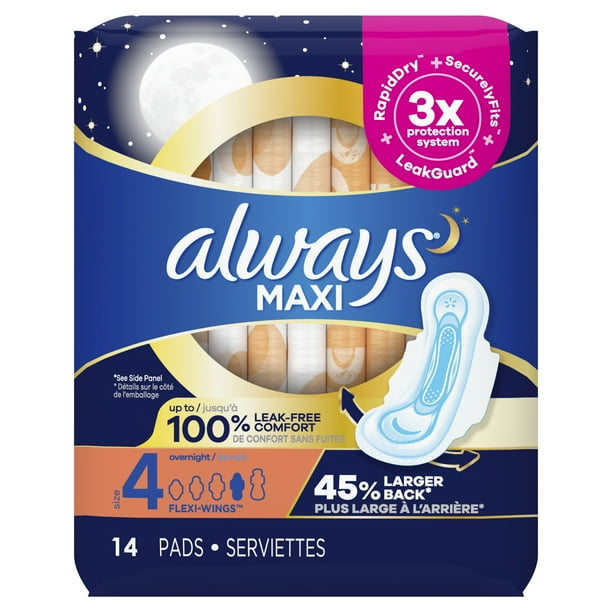 Always Maxi Pads Size 4 Overnight Absorbency Unscented with Wings, 14