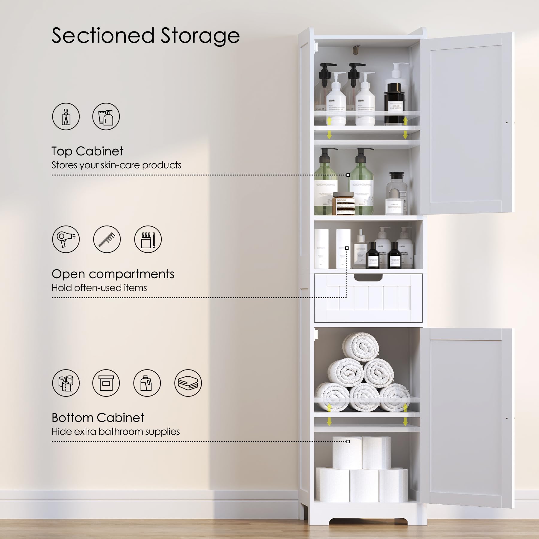 67" H Tall Bathroom Storage Cabinet, Narrow Freestanding Towel Cabinet with Waterproof Base, Adjustable Shelves, 2 Doors & 1 Drawer — for Bathroom, Kitchen, Living & Dining (White, 15.7" W)