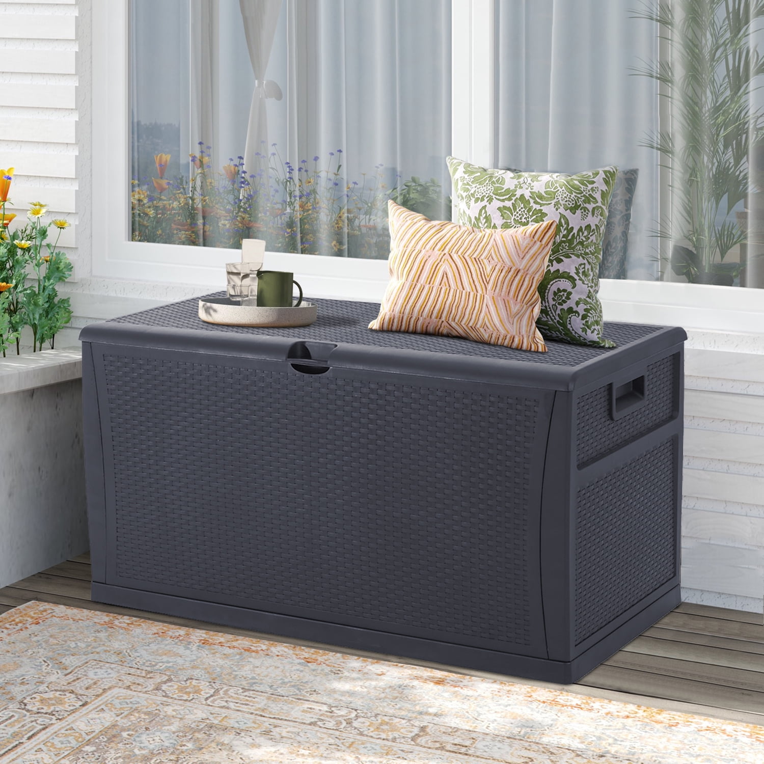 SUNCROWN Outdoor Storage Deck Box 120 Gallon Gray Wicker Pattern Container Garden Patio