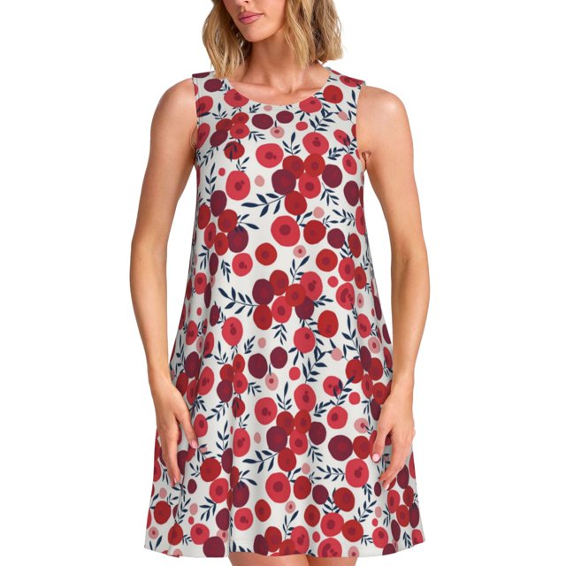 Balery Red Hawthorn Vestidos de verano para mujer con estampado: vestido holgado sin mangas, vestido playero informal y cómodo para días calurosos.