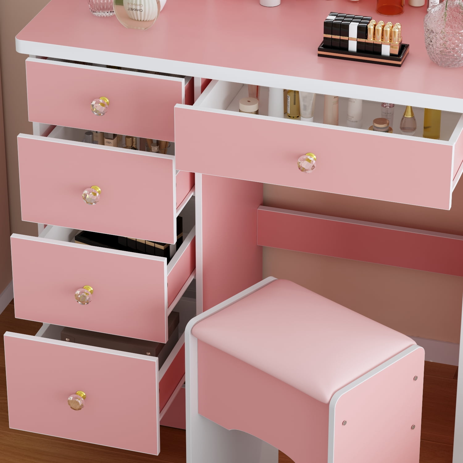 KULAGAGA Vanity Set with 3 Colors Touch Screen Dimming Mirror, Cushioned Stool, Storage Shelves, Makeup Organizer, 5 Drawers Makeup Vanity Desk , Dressing Table , Pink