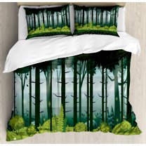 Ambesonne Jungle Duvet Cover Set, Mystic Forest Trees Twilight, 2-Calking, Evergreen Blue