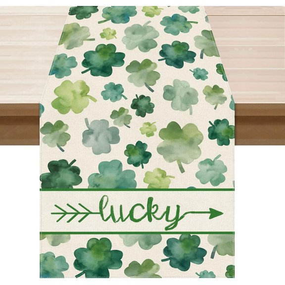 St. Patrick''s Day Watercolor Lucky Green Four-Leaf Clovers Shamrocks Table Runner Burlap Table Decoration for Home Kitchen Dining Dinner Indoor Holiday Farmhouse Decor 13x120 Inch