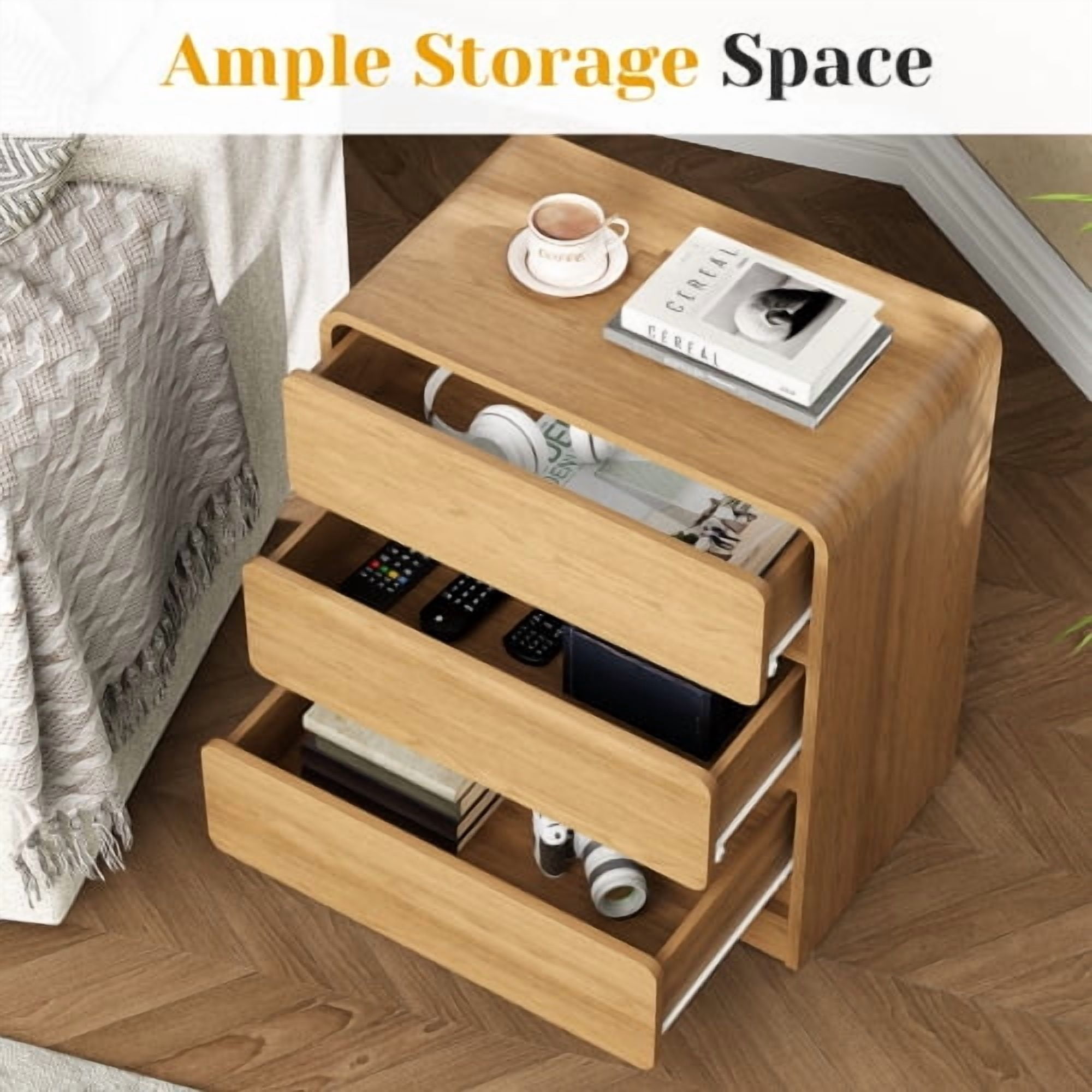 Wood 3-Drawer Nightstand Set of 2, Modern Multi-Purpose Side Table with Anti-Tip Kit, Natural