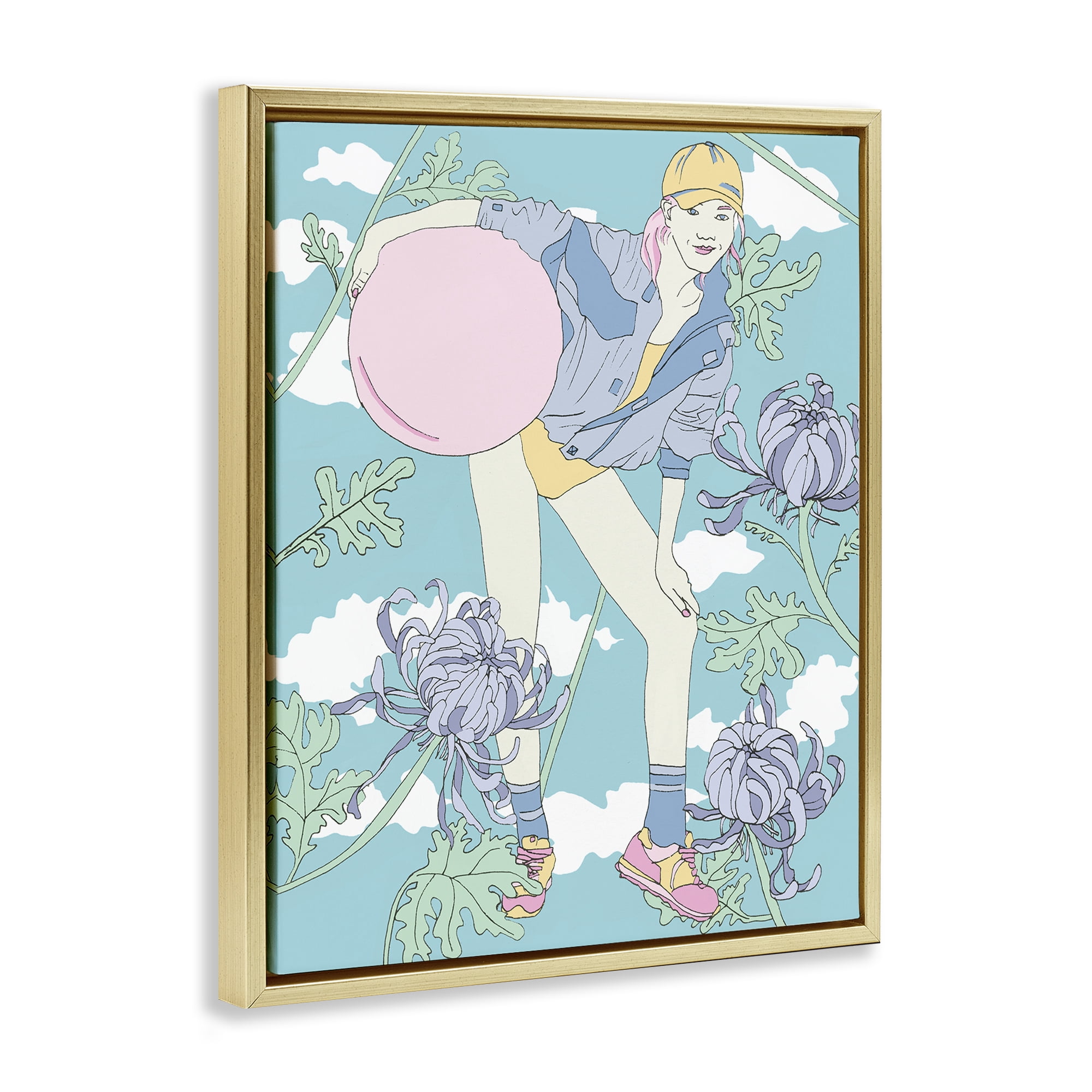Stupell Industries Pastel Exercise Ball Girl People Painting Gold Floater Framed Canvas Art Print Wall Art, 17 x 21