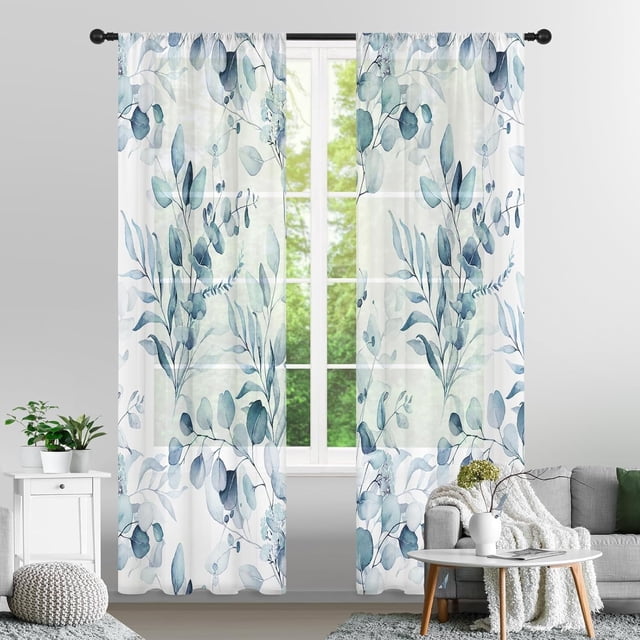 Plant Leaves Sheer Curtains 84 Inches Long 2 Panels, Blue Semi Sheer Curtains Light Filtering, Spring Summer Soft Textured Drapes for Bedroom Living Room Dining Room Window, 52" X 84"