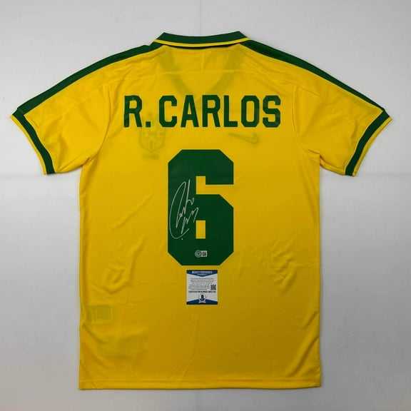 Autographed/Signed Roberto Carlos Brazil Yellow Retro Soccer Jersey Beckett BAS COA