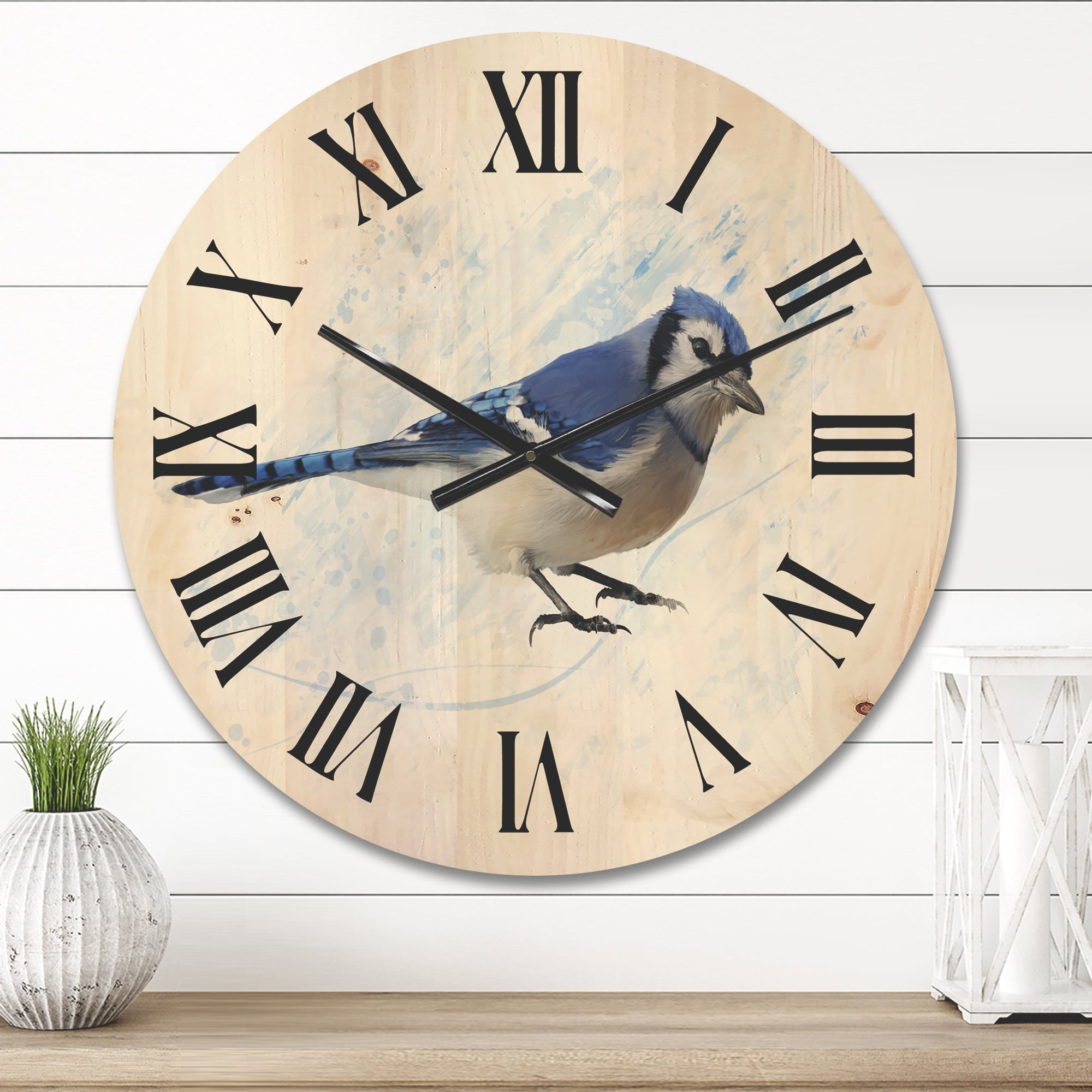 Designart 'Ancient Blue Jay Bird' Traditional Wood Wall Clock