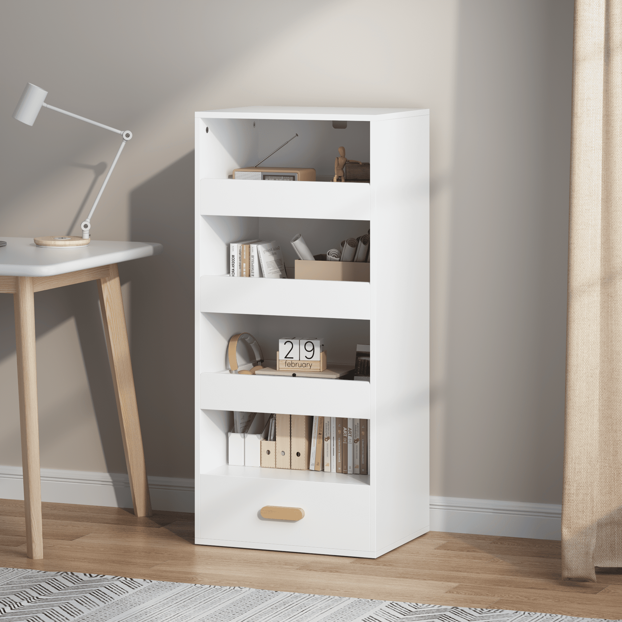 4-Tier Freestanding Bookshelf with 3 Sliding Drawers and 1 Bottom Drawer, White