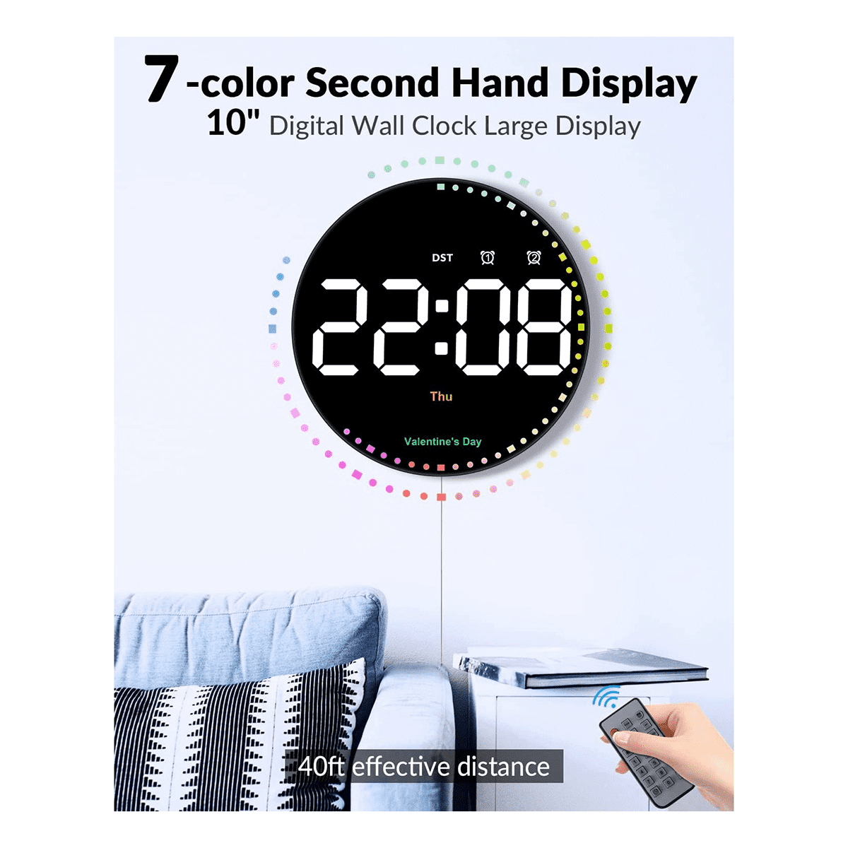 Digital Wall Clock with Colorful Light,10Inch LED Digital Clock with Remote,Time Alarm Clock for Living Room  Gym