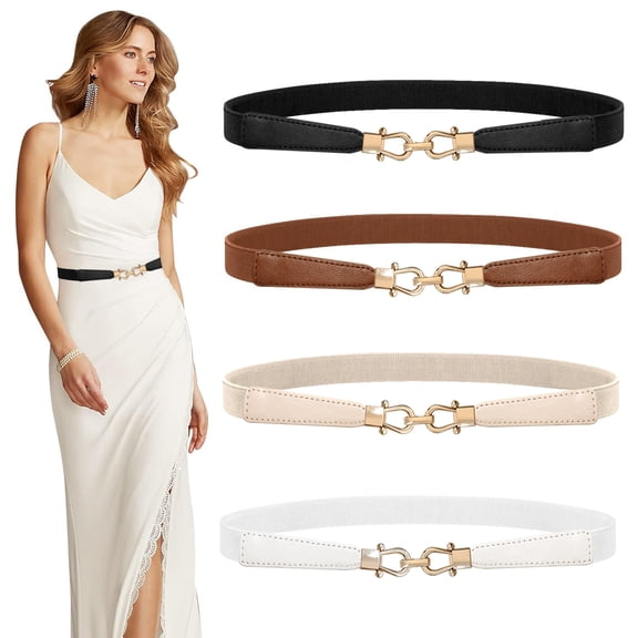 4 Pack Women Skinny Belt for Dresses Retro Stretch Waist Belt with Gold Buckle
