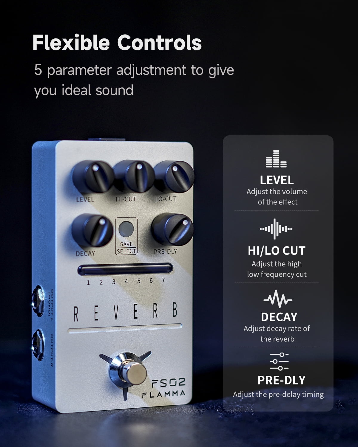 FLAMMA FS02 Reverb Guitar Pedal Stereo Digital Effects Pedal 7 Storable Preset Slots 7 Reverb Effects Room Hall Church Cave Plate Spring Mod True Bypass Trail On