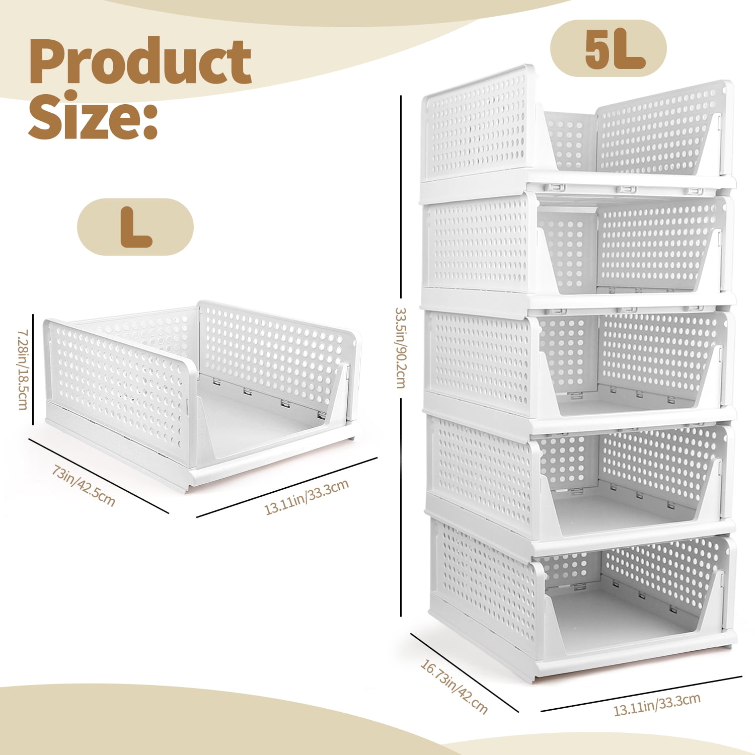 Taimasi 5 Pack Stackable Closet Storage Basket, Multifunctional Foldable Closet Organizer for Kitchen Bathroom Laundry Room Wardrobe Storage, Space-Saving Clothes Storage Drawer Organizer, White