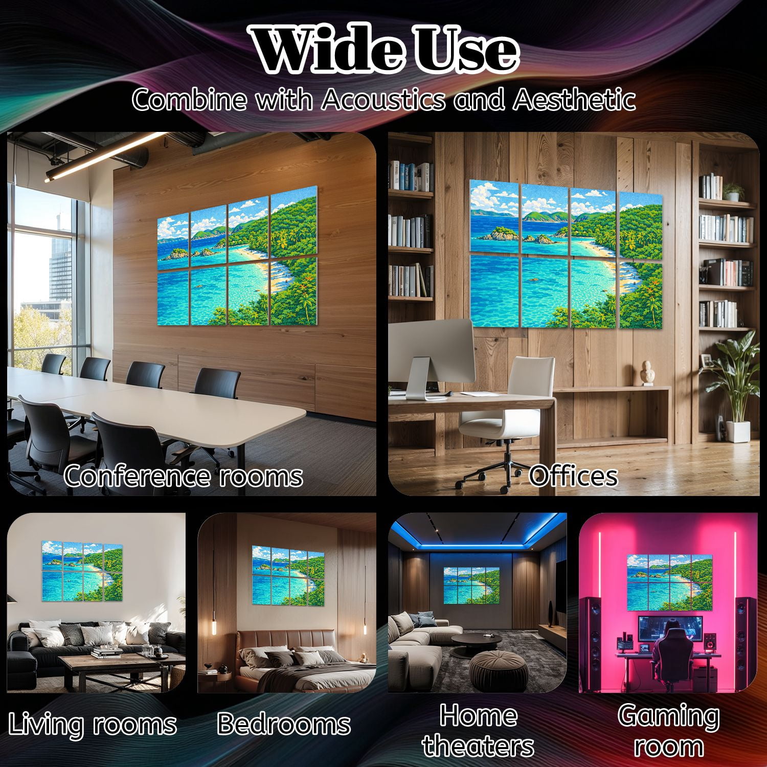 8 Pack Art Acoustic Panels Sound Absorbing panoramic beach Trunk Bay Decorative Soundproof Wall Panels Self Adhesive for Nursery Game Room Bedroom 48"x32"