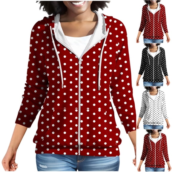 HappyYEE Women’s Polka Dot Hoodie Jackets, Loose Casual Zipper Hooded Sweatshirt , Long Sleeve Fall Fashion Outerwear Top with Pockets