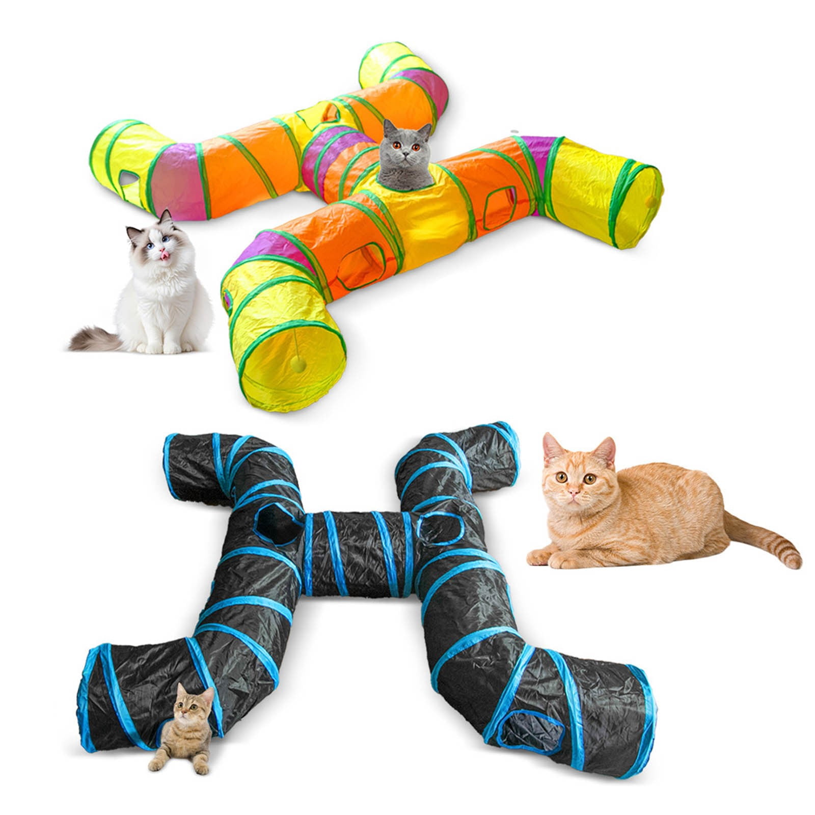 Junepar Cat Tunnel H-Way Cat Tunnels for Indoor Cats Collapsible Cat Play Tunnel Interactive Toy Maze Cat House for Cats Puppy Kitty Kitten Rabbit (Multicolor)