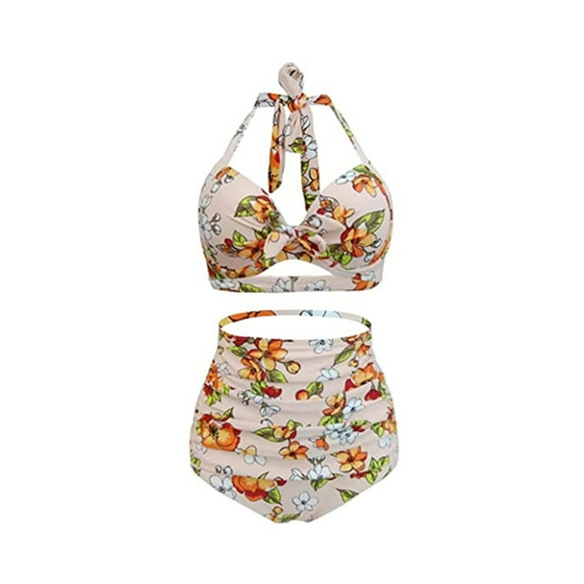 Women's Retro 50s Halter High Waist Ruched Bikini Swimsuit, M, Light Peach