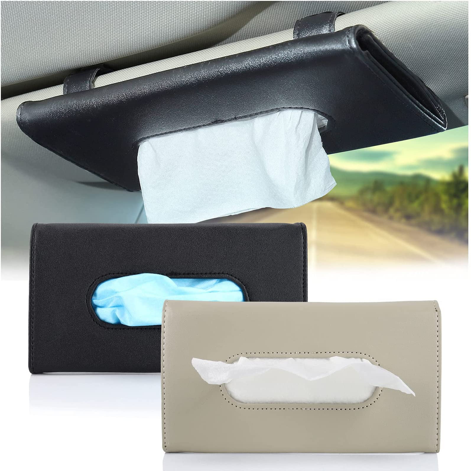 PU Leather Car Sun Visor Tissue Holder Box Napkin Office Zipper Paper Case Clip 