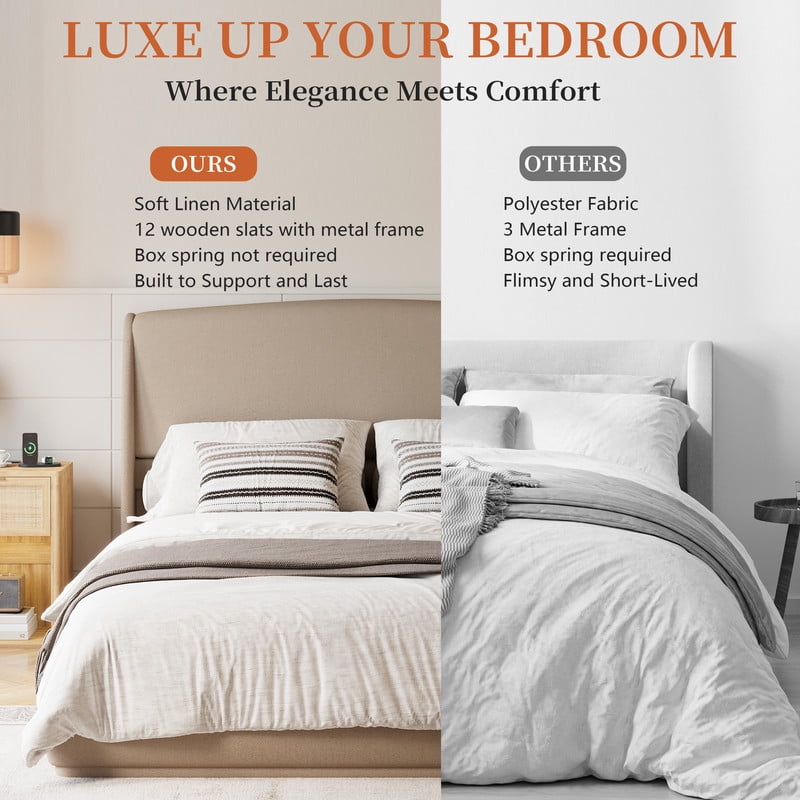 Queen Size Linen Upholstered Bed Frame with Padded High Headboard, Low-Profile Platform Bed with No Box Spring Needed