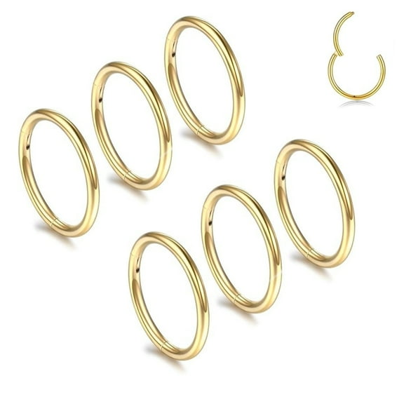 Gold Hinged Nose Ring,Nose Piercings Ring,Hoop Clicker Septum Cartilage Helix Tragus Hoop Earrings, Nose Jewelry,6mm 8mm 10mm Hoop for Women Men,Stainless Steel(6 Pcs)