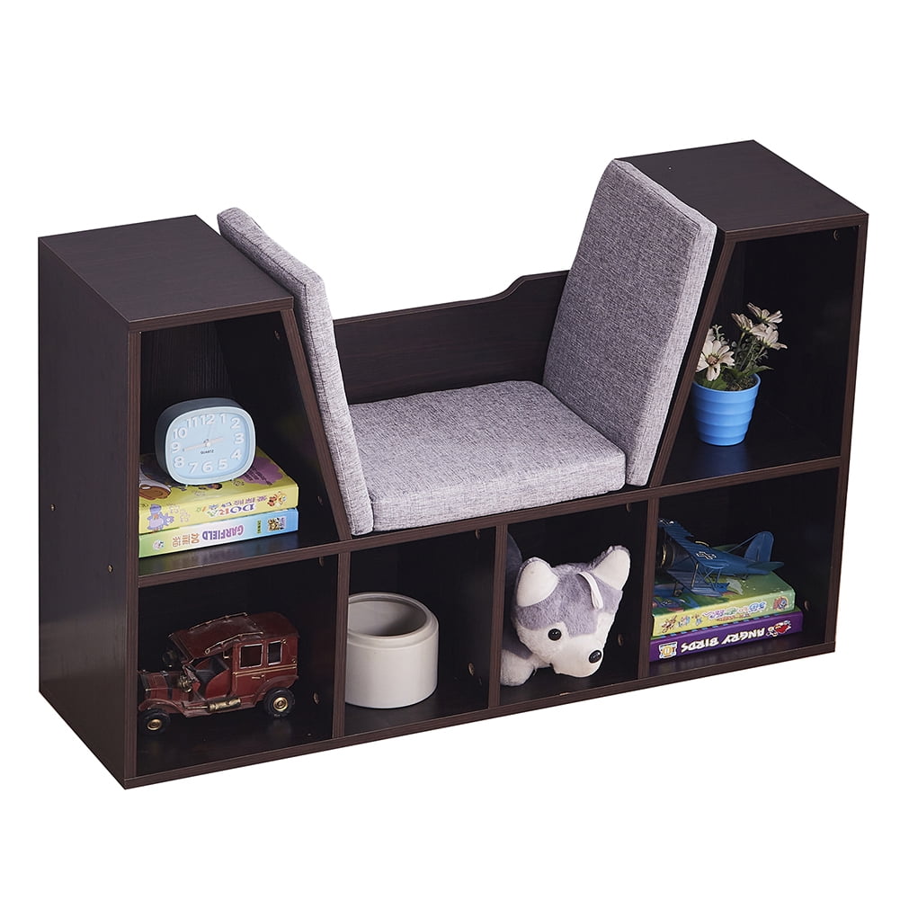 Kepooman Wooden Bookcase with Reading Nook, Six Shelves and Gray Cushion, Gift for Ages 3-8, Dark Brown Kepooman Wooden Bookcase with Reading Nook, Six Shelves and Gray Cushion, Gift for Ages 3-8, Dark Brown
