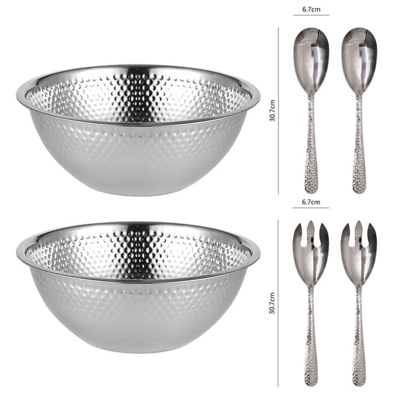 2 Pcs Hammered Salad Bowls with 4 Pcs Serving Utensils, 13 Inch Stainless Steel Salad Bowl Set, Kitchen Mixing Bowls Food Soup Storage for Cooking, Serving, and Prep