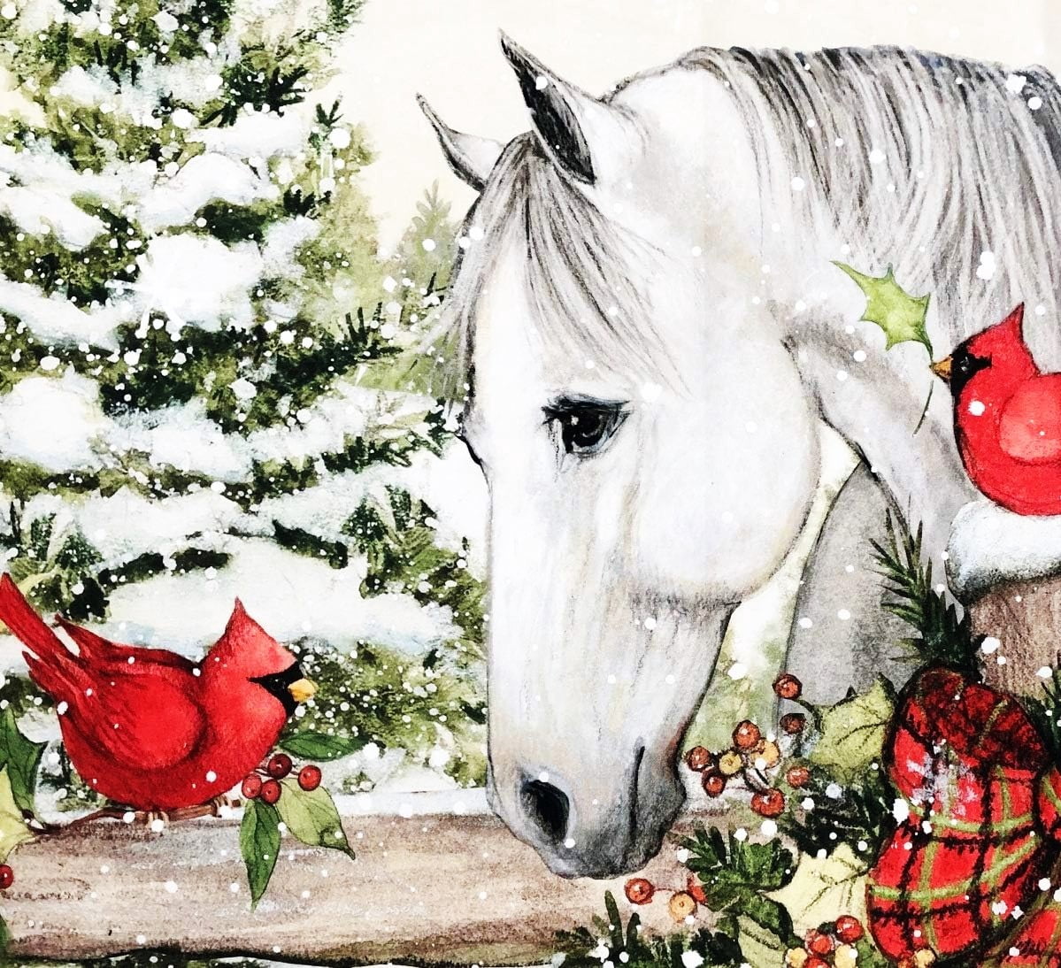1 Panel - Horse & Cardinal Birds Christmas Snowy Farm Scenic Cotton Fabric Panel - Susan Wingate (Great for Quilting, Sewing, Craft Projects, Wall Hangings, and More) 36" X 44"