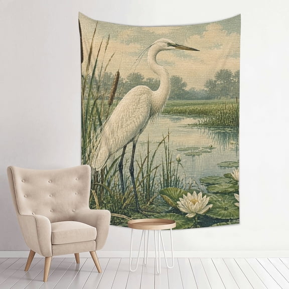 Patifu White Egret By Water Lilies Vintage Vertical Wall Hanging Tapestry for Bedroom Living Room Dorm 30*40in