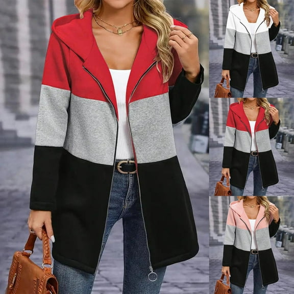 Olyvenn Womens Casual Zip Up Hoodie Jacket Fall Fashion Athletic Long Sleeve Color Block Hooded Coat with Pockets Pink L