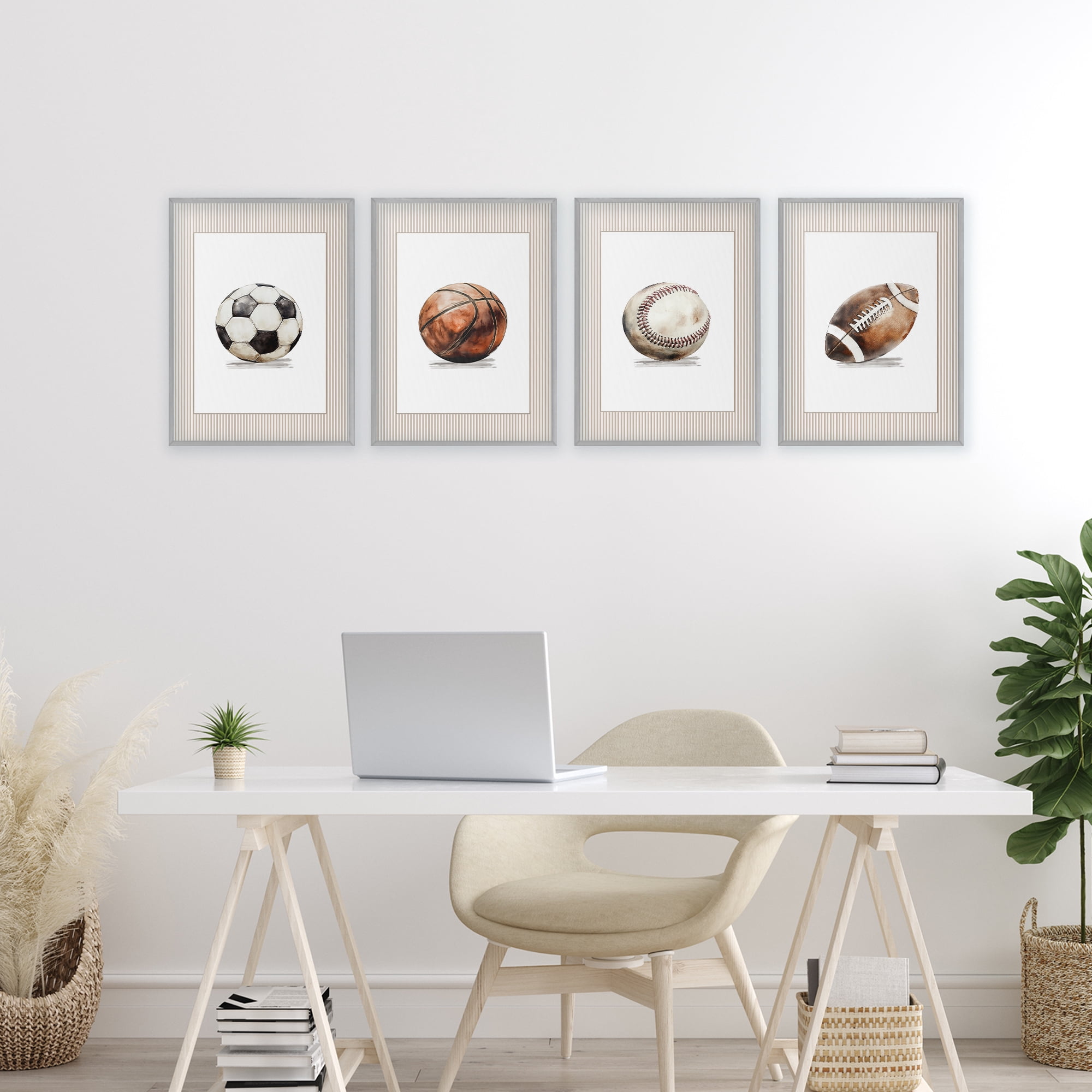 Stupell Industries Vintage Sports Beige Stripes 4 Piece Gray Framed Giclee Art Set, design by Christine Simpson Art