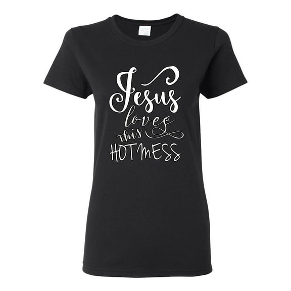 Jesus Love This Hot Mess Inspirational/Christian Womens Graphic T-Shirt, Black, Small