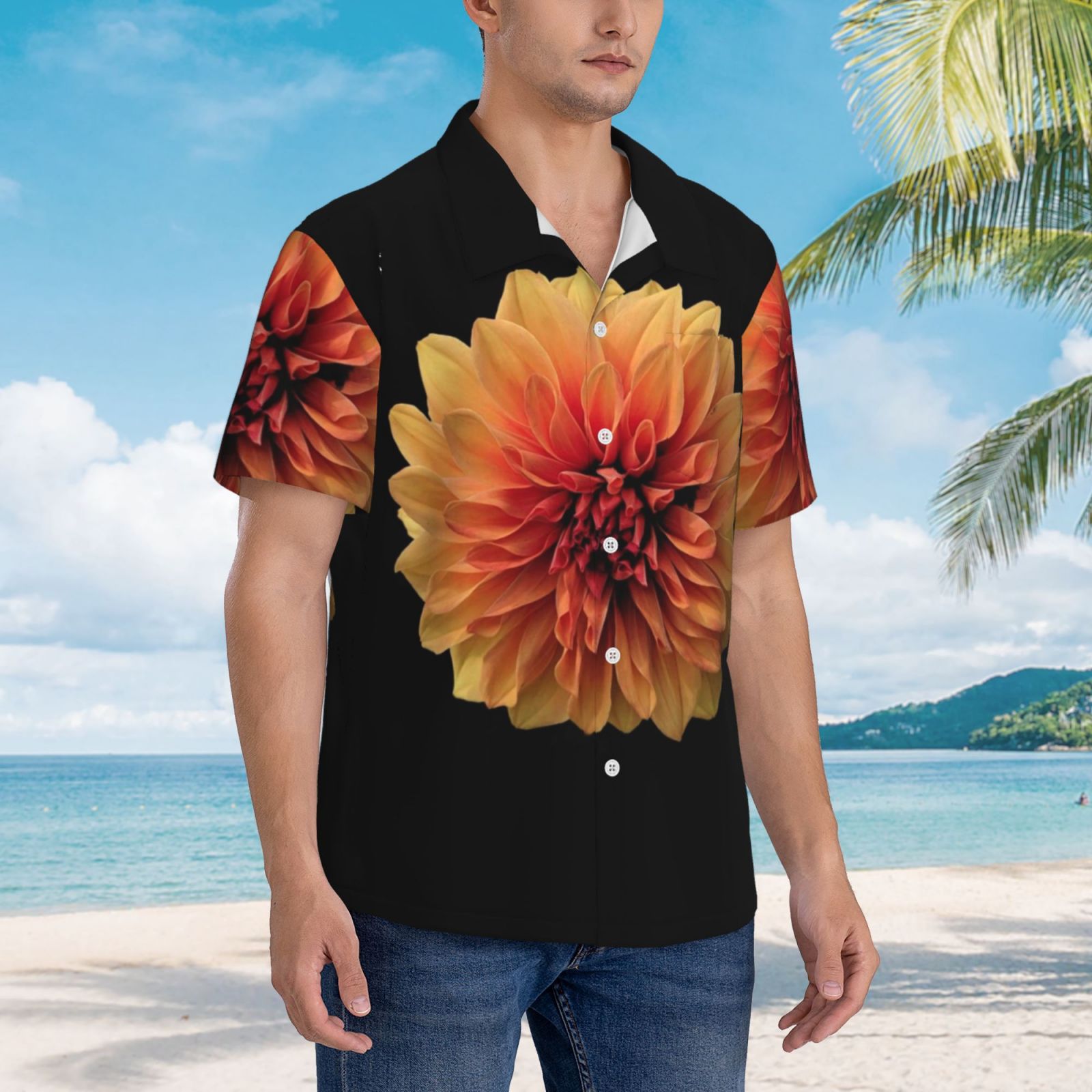 Logiee Orange Dalia Print Mens Hawaiian Shirts,Loose-Fit Short Sleeve Button Down Tropical Aloha Beach Shirt,Summer Vacation Wedding Tops,3X-Large