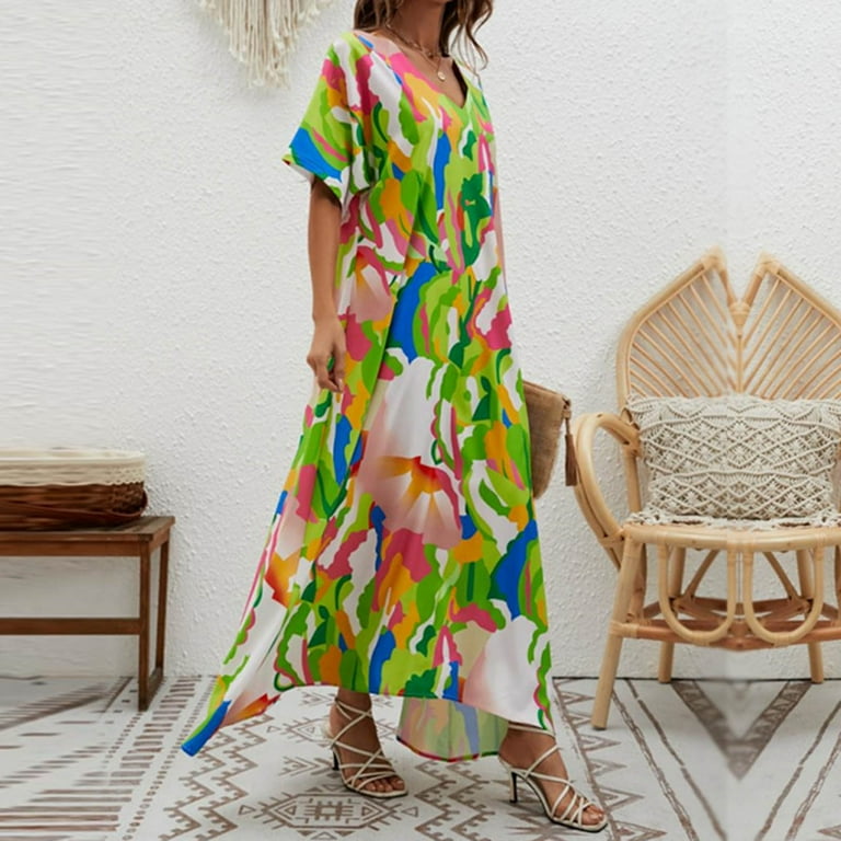 Wycnly Dresses for Women Beach Loose Flowy Swing Tunic A Line Long Sundress Short Sleeve V-Neck Camouflage Summer Maxi Formal Dress Green l