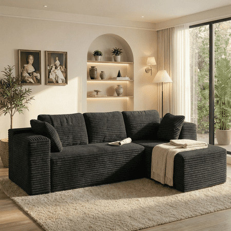 105" L Shaped Sectional Floor Sofa, Corduroy Modular Cloud Couch with Chaise, Modern Frameless Deep Seat Sofa for Living Room, Non-Slip & No Assembly Needed, Right-Facing, Black