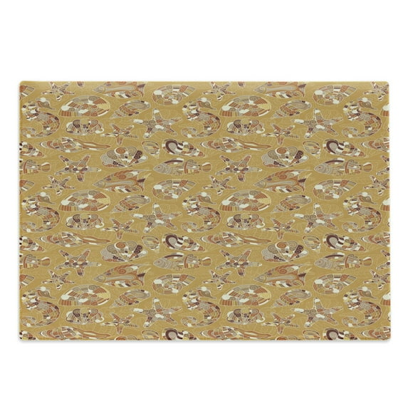 Ocean Cutting Board, Pattern of Fish Shells Starfish Sea-Horse Water Creatures Sea Life Illustration, Decorative Tempered Glass Cutting and Serving Board, Large Size, Mustard Brown, by Ambesonne