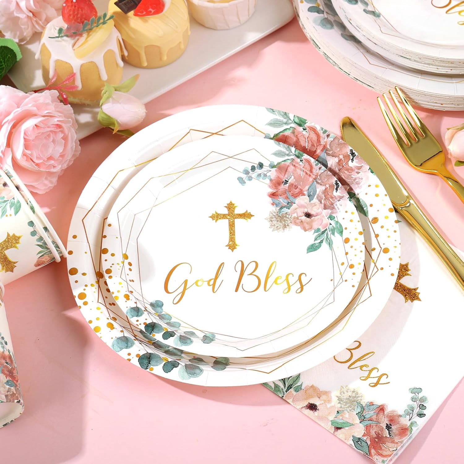 175 PCS Baptism Plates and Napkins Party Supplies - Baptism Decorations for Girls - God Bless Disposable Paper Plates First Communion Plate for Christening Baby Shower Party Decorations