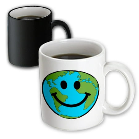 - 3dRose Happy Earth smiley face - smiling planet globe - eco green smile peaceful world peace cute smilie, Magic Transforming Mug, 11oz