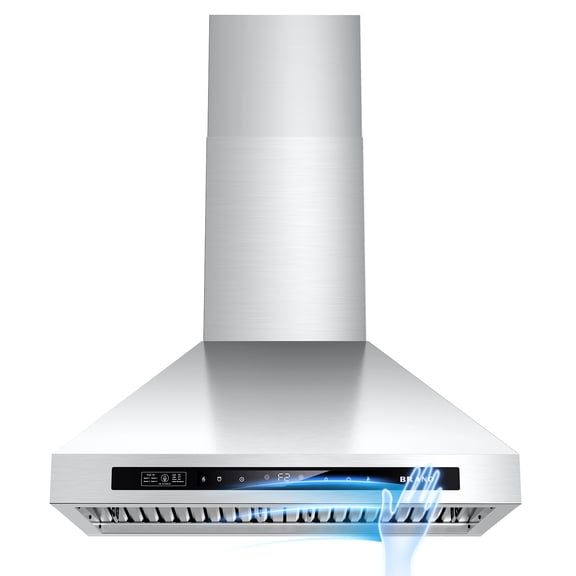 BRANO Wall Mount Range Hood 30 inch，900 CFM,4 Speed Exhaust Fan  Kitchen Hood with Voice/Gesture/Touch Control，Vent Hood in Stainless Steel With Ducted/Ductless Convertible