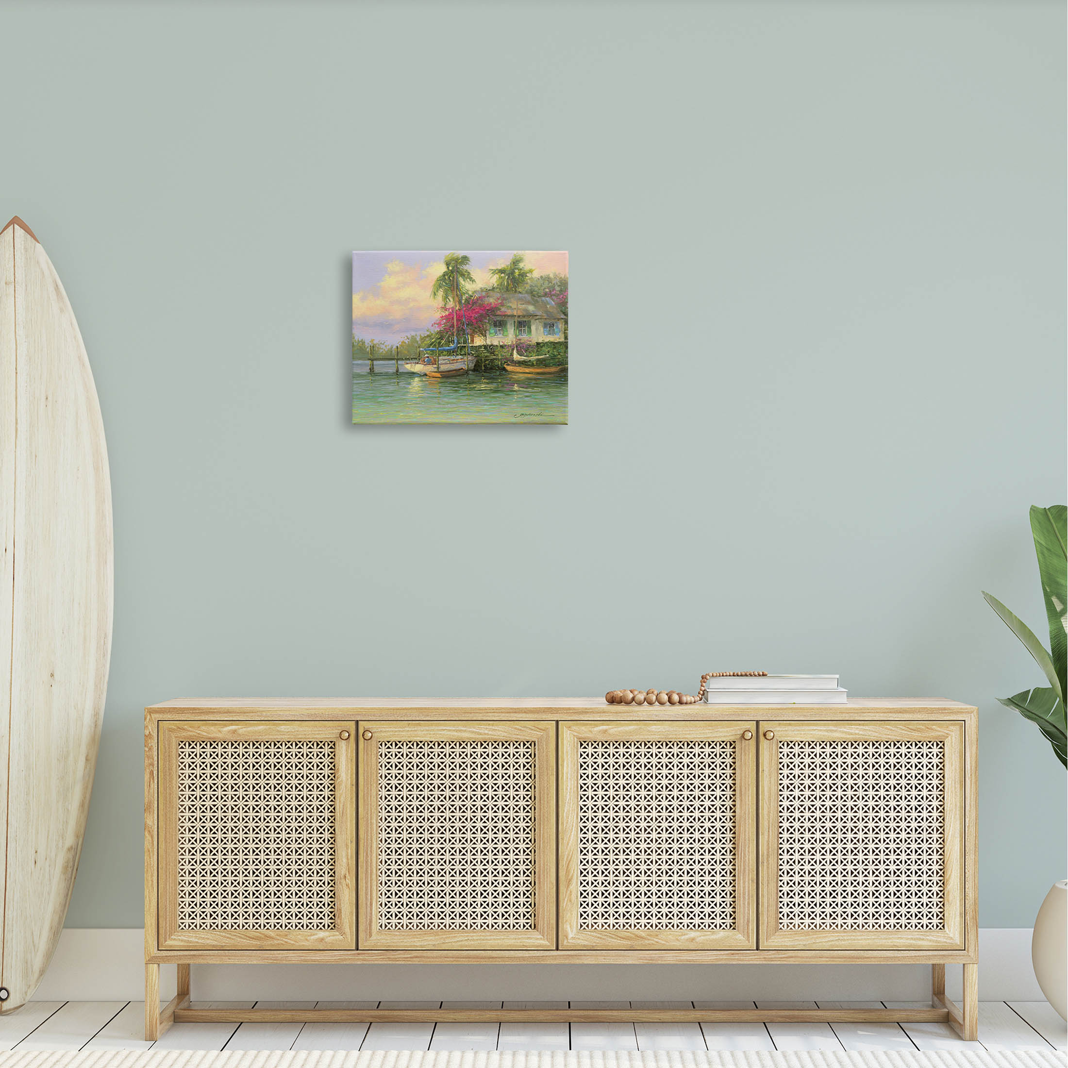 Tropical Vacation Seaside House Landscape Painting Gallery Wrapped Canvas Print Wall Art