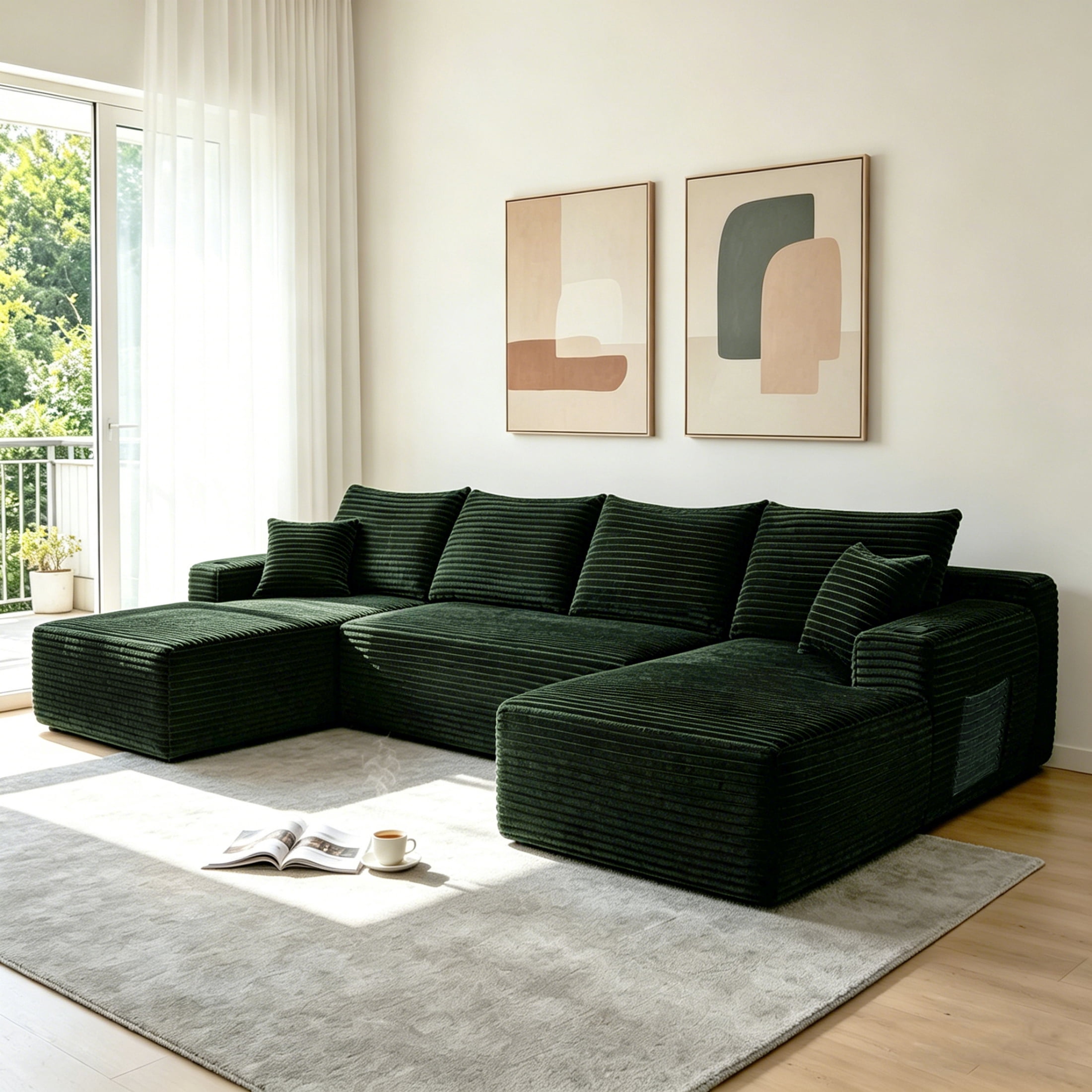 ShiKeyi 134" Modular U-Shaped Cloud Sofa, 5 Seater Corduroy Sectional Couch with Deep Seats Double Chaise & Soft Boneless Design, Green