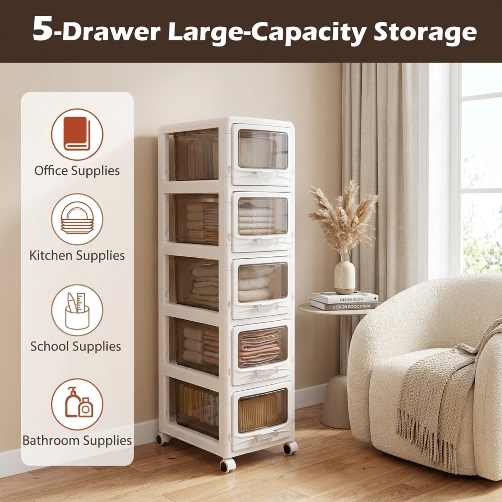 Furnibear 5-Tier Plastic Drawer Storage Organizer Rolling Cart with 3/4/5 Drawers and Lockable Wheels for Home Office Filing Document Letter, White