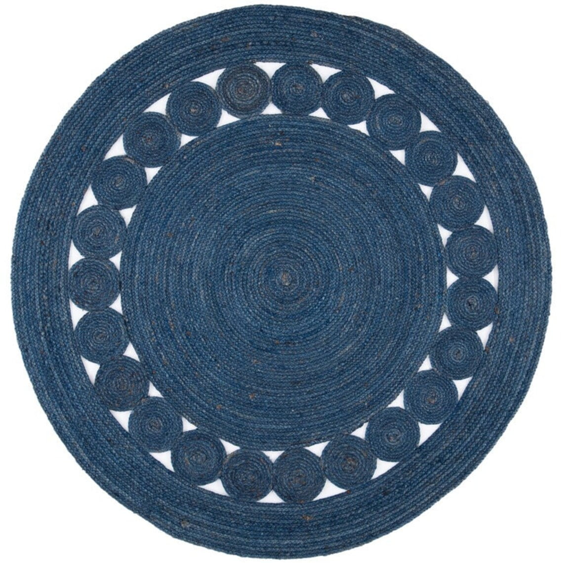 Handmade Braided Natural Jute Navy Blue Color Tikki Round Rugs Size 2 x 2 Feet Round