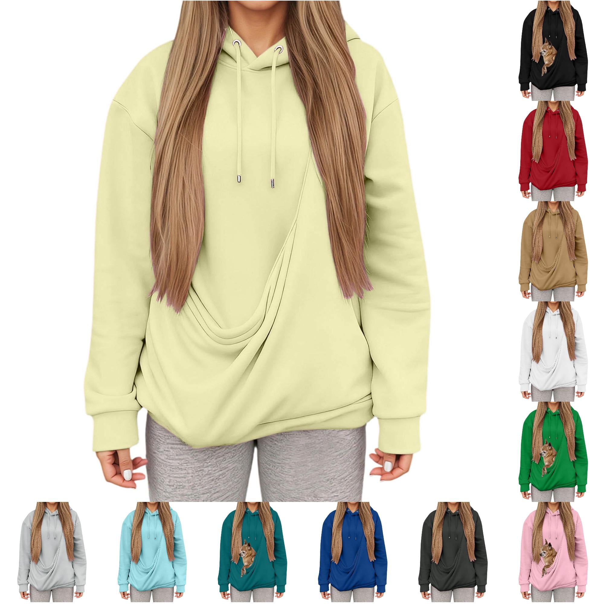 Xijirk Womens Pet Pouch Hoodie with Diagonal Slant Pet Carrier Pocket for Small Dogs Cats Daily Walks Casual Weekend Cold Weather Outdoor Activities Light Yellow M