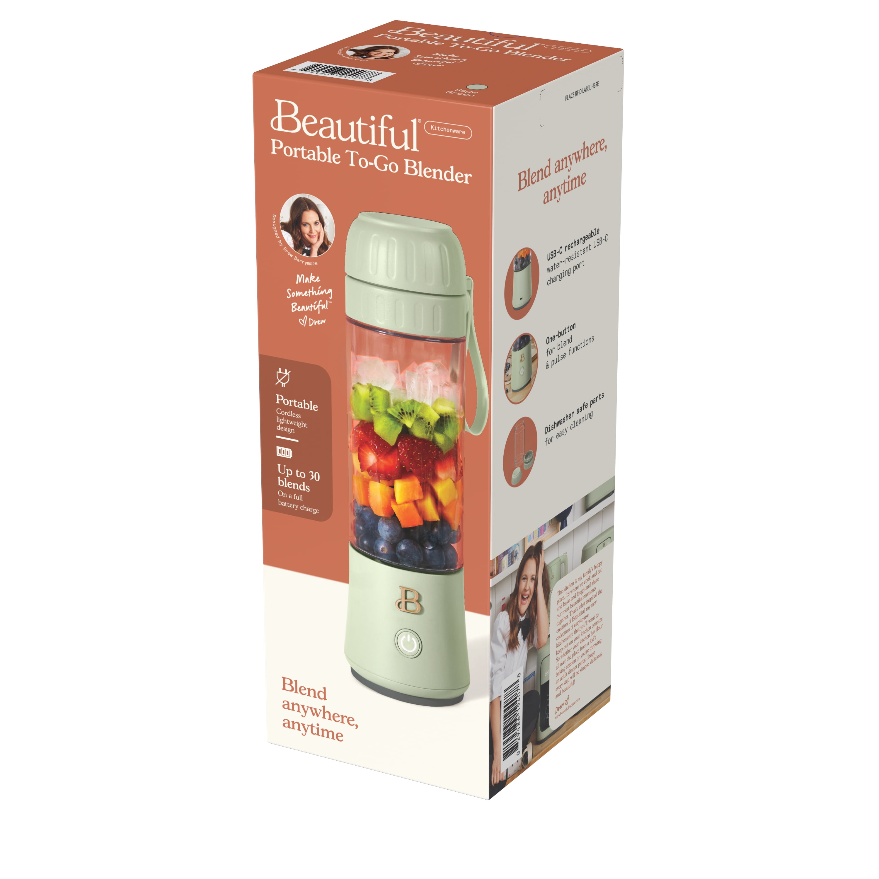 Beautiful Portable To-Go Blender 2.0, 70 W, 16 oz, Sage Green by Drew  Barrymore 
