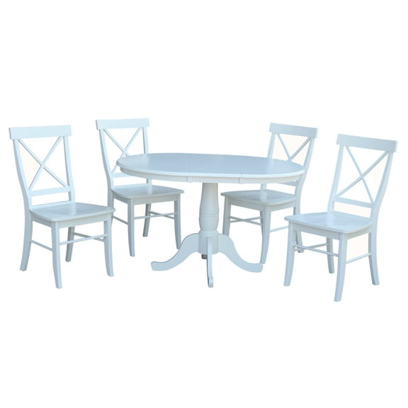 International Concepts Solid Wood 5-Piece Dining Set with 36 in. Round Extension Dining Table and 4 Cross Back Chairs in White