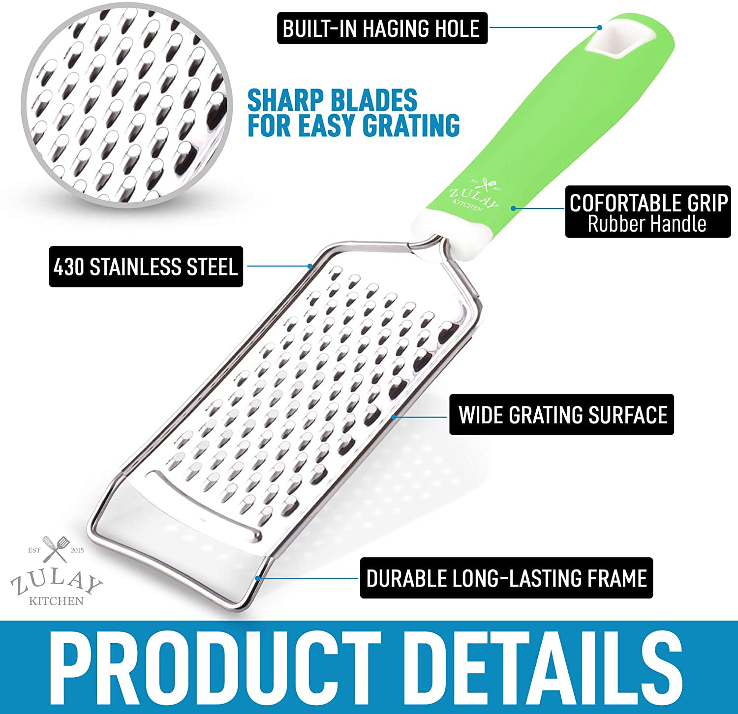 Rectangular Stainless Steel Flat Cheese Grater with Non-Slip Handle and  Base, Bl