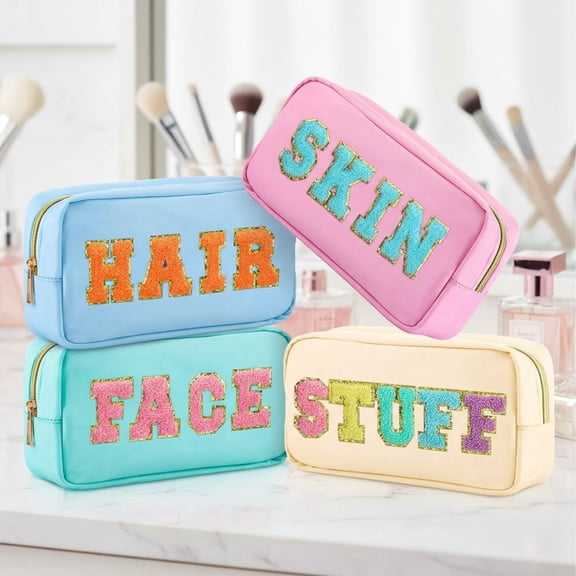 4 Pcs Cosmetic Bag Preppy Makeup Bags Chenille Letter Stuff Bag Nylon Cosmetic Pouch Cases with Zipper for Women Travel Toiletry