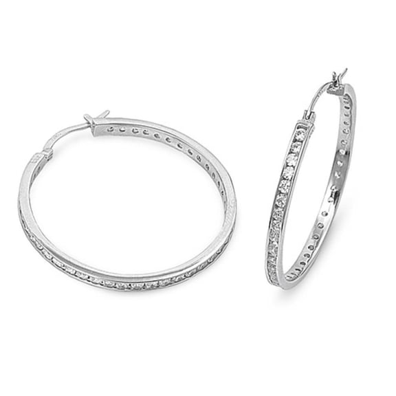 STERLING SILVER CZ HOOP EARRINGS 38mm ( 1 1/2'') [Jewelry]